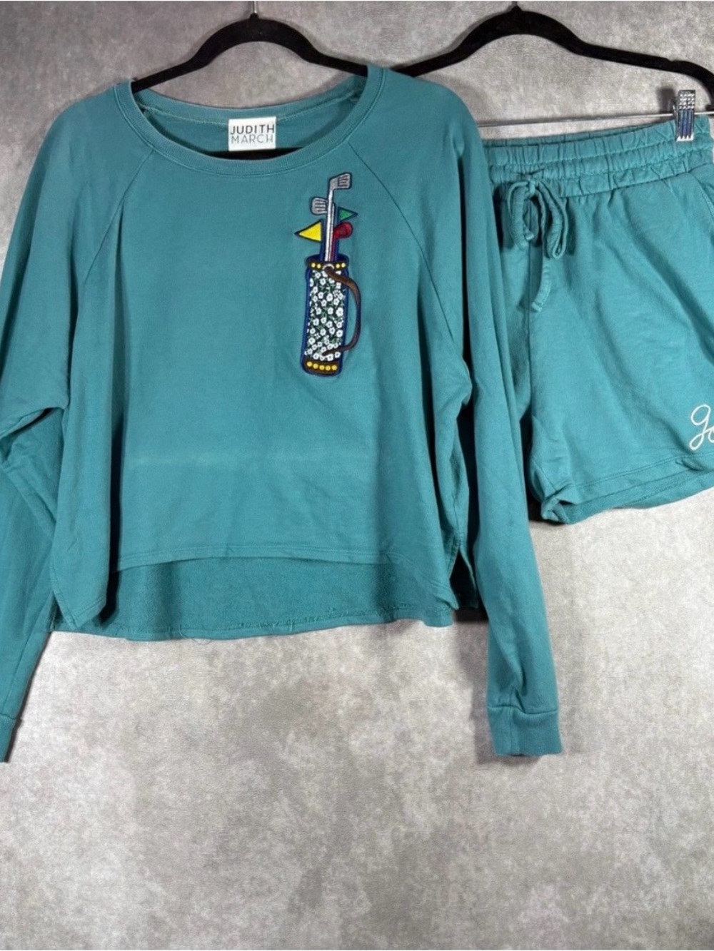 Judith March Sweatshirt Set Women Medium Teal Golf Bag Embroidered Shorts Active